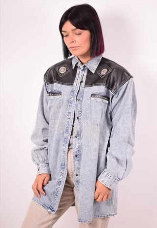 WOMENS VINTAGE DENIM SHIRT LARGE BLUE 90S
