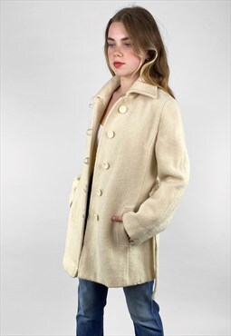 70's Vintage Ladies Cream Dagger Collar Wool Belted Coat