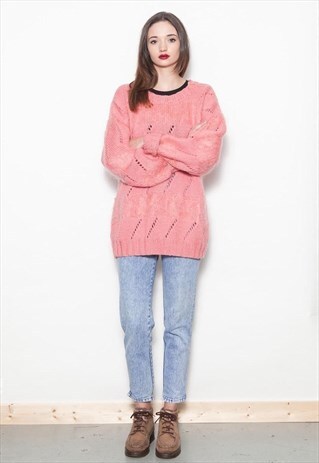 80'S VINTAGE PASTEL PINK CHUNKY WOOL ARAN JUMPER