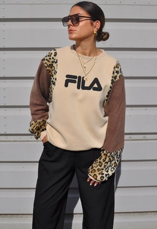 Y2K vintage reworked Fila spell out leopard brown sweatshirt