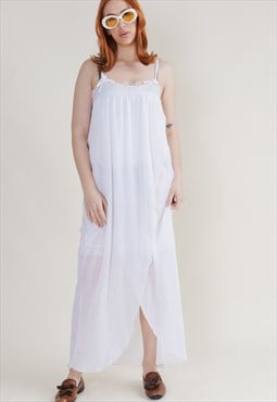 Vintage 80s Maxi Pleated Strappy White Slip Dress Gown L