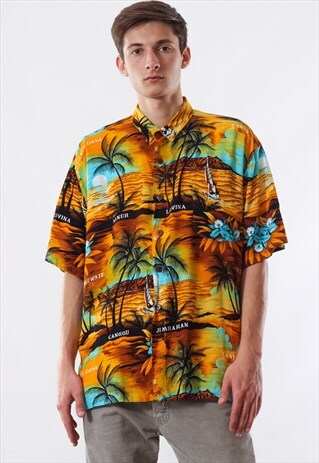 VINTAGE HAWAIIAN 90S BROWN ALOHA ISLANDS PRINTED