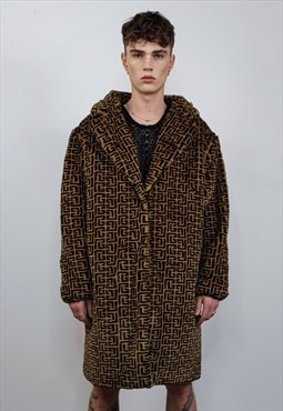 Arabic fleece coat brown long geometric pattern glam trench