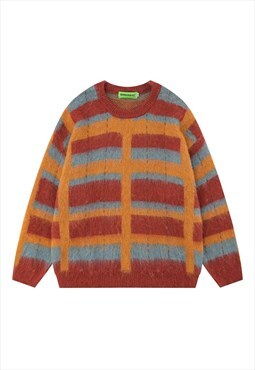 Check sweater knitted fluffy jumper striped top in orange