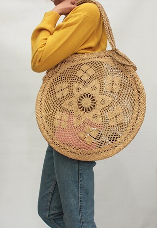VINTAGE 70' AMAZING BEAUTIFUL BEIGE NATURAL STRAW CIRCLE BAG