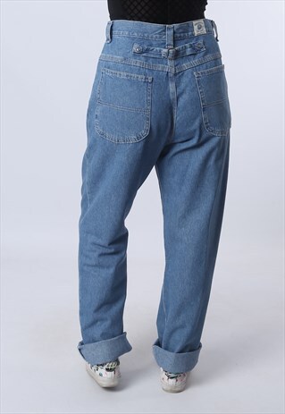 HIGH WAISTED DENIM JEANS WIDE LEG VINTAGE UK 14 (B94E)