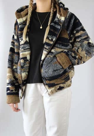 VINTAGE PATTERNED HOODED FLEECE JACKET