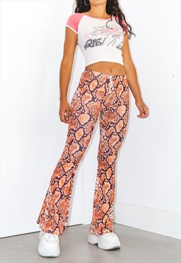 00s Stretchy Snake Printed Flare Trousers
