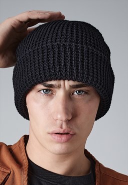 54 Floral Oversized Waffle Chunky Trawler Beanie Hat - Navy