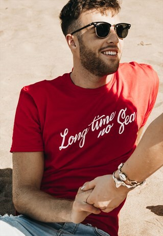 'LONG TIME NO SEA' RETRO SLOGAN T-SHIRT IN CHERRY RED