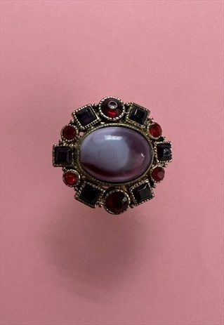 80's Vintage Gold Metal Purple Stone Stretchy Cocktail Ring