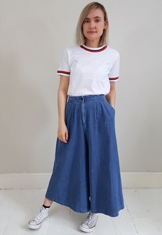 VINTAGE 90'S BLUE DENIM WIDE LEG CROPPED TROUSERS JEANS