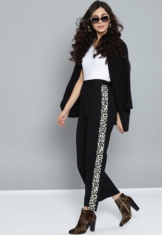 ANIMAL PRINT TROUSER WITH SIDE TAPE AND WAIST TIE IN BLACK
