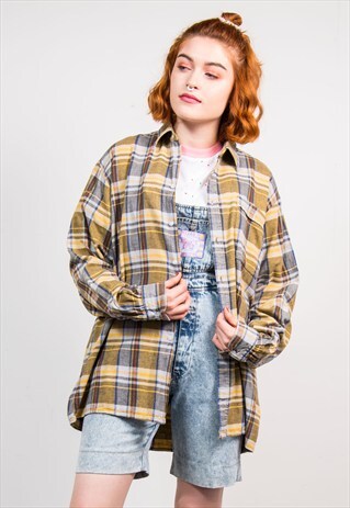 90'S YELLOW CHECK OVERSIZE GRUNGE FLANNEL SHIRT