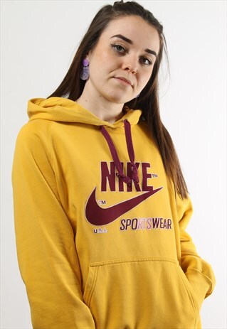 VINTAGE NIKE YELLOW HOODIE WITH BURGUNDY SPELL OUT LOGO