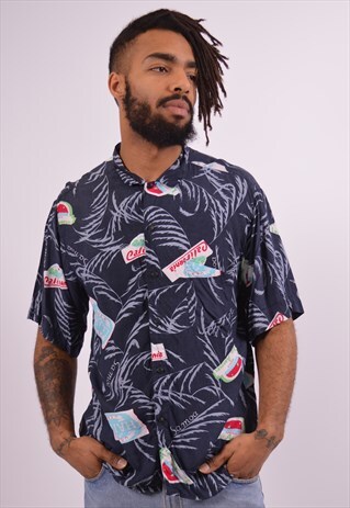 BENETTON MENS VINTAGE SHIRT MEDIUM NAVY BLUE 90S
