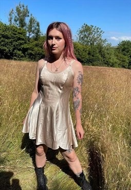 Vintage 90s Gold Satin Detail Cute Summer Slip Dress
