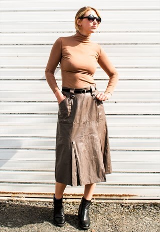 VINTAGE 70S CHOC BROWN LEATHER MIDI SKIRT