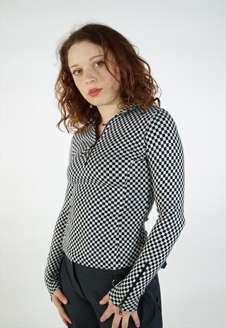 VINTAGE 90S RAVE CHECKBOARD BLACK AND WHITE GRID TOP JUMPER