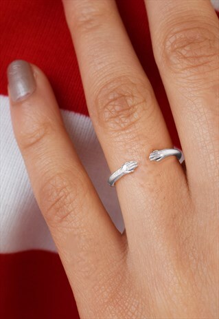 SILVER OPEN RING WITH HUG HANDS HANDMADE