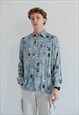 VINTAGE 90S LONG SLEEVE ABSTRACT PRINTED SHIRT IN BLUE L/XL