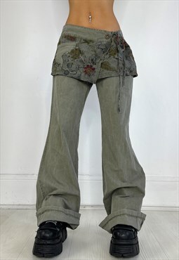 Vintage Skirt Over Trousers Cargo Pants 90s Y2k Khaki Grunge