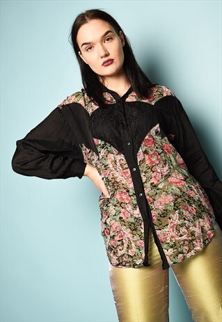 VINTAGE 80'S RETRO BLOUSE SHIRT TOP WITH FLOWER PRINT