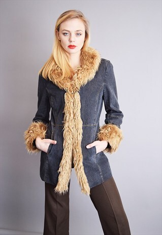 90'S FAUX FUR DETAILED MOM'S MINIMALIST DENIM JACKET TOP