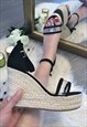 BLACK FAUX SUEDE & ACRYLIC WEDGE SANDALS