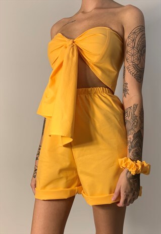 ORANGE TEXTURE TWO PIECE SET TIE TOP & MOM SHORTS