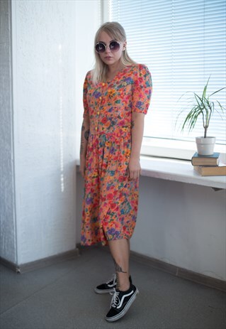 VINTAGE 80'S MIDI ORANGE FLOWER PRINT SHORT SLEEVED DRESS