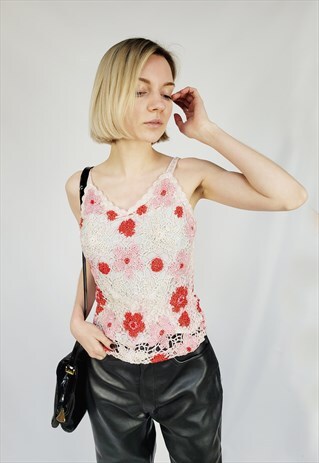 90S RETRO PASTEL CROCHET KNIT SHIMMER BEADED CAMI TOP