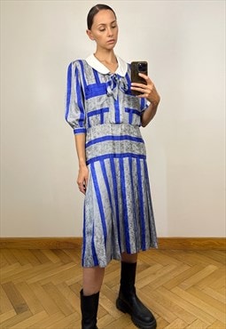 Vintage Striped Silky Pussybow Pleated  Midi Dress