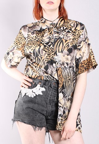 VINTAGE 80S SILK ANIMAL PRINT FLORAL LONG BLOUSE SHIRT