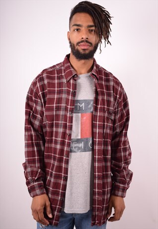 MENS VINTAGE FLANNEL SHIRT XL MAROON CHECK 90S