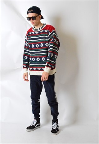 VINTAGE 80S STRIPED AZTEC WOOL KNIT JUMPER