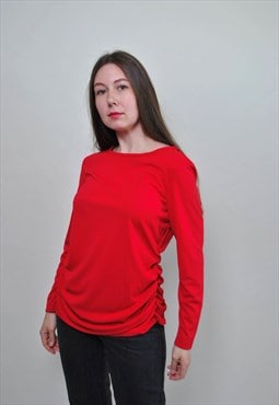 Vintage red ruffled blouse, 90s long sleeve shirt, 1990s 