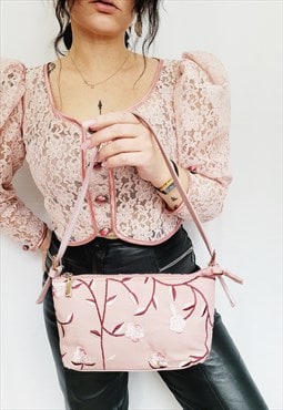 Retro Y2K pink embroidered mini shoulder baguette bag