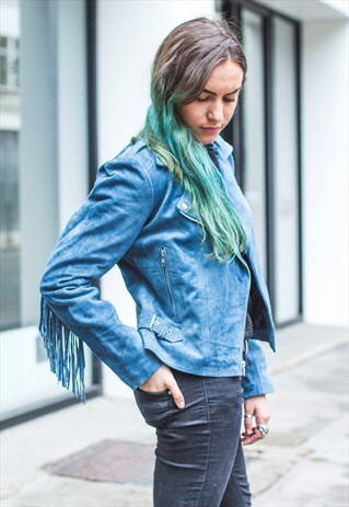 BLUE SUEDE FRINGE BIKER JACKET