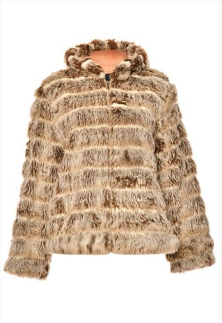 VINTAGE BEYOND RETRO HOODED BROWN FAUX FUR COAT - M