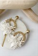 Gold Drop Chain White Faux Leather Flower Hoop Earrings
