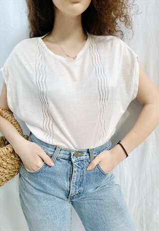 VINTAGE 70S MILKMAID KNITTED HAUTE BOHEME BLOUSE TOP WHITE