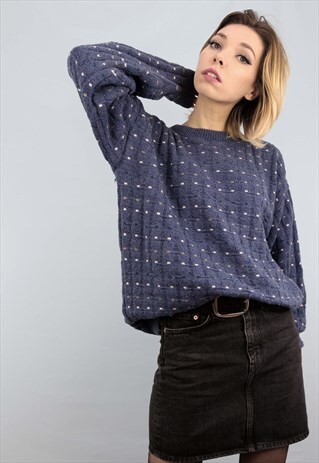 VINTAGE 80S 90S OVERSIZED PATTERNED KNIT JUMPER BLUE