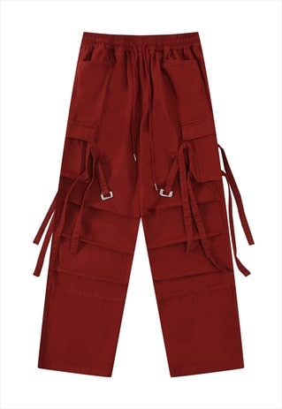 PARACHUTE JOGGERS CARGO POCKET PANTS RAVE TROUSERS IN RED
