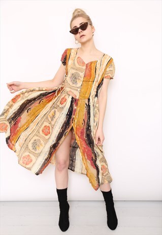 VINTAGE 90S BROWN STRIPED PRINT MIDI DRESS