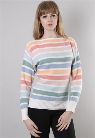 VINTAGE 80S RAINBOW PASTEL STRIPE WOOL JUMPER