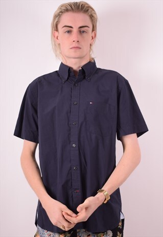 TOMMY HILFIGER MENS VINTAGE SHIRT MEDIUM NAVY BLUE 90S