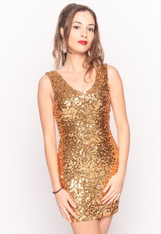 PLAIN GOLD COLOR SEQUIN V-NECK SLEEVELESS PARTY DRESS