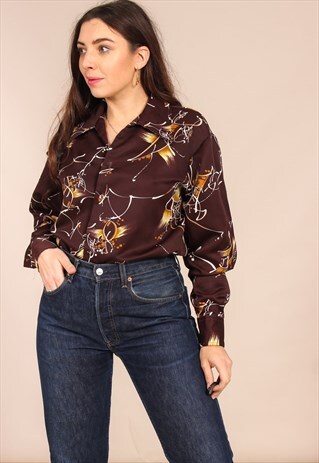 VINTAGE 70S BLOUSE IN BROWN ABSTRACT PRINT
