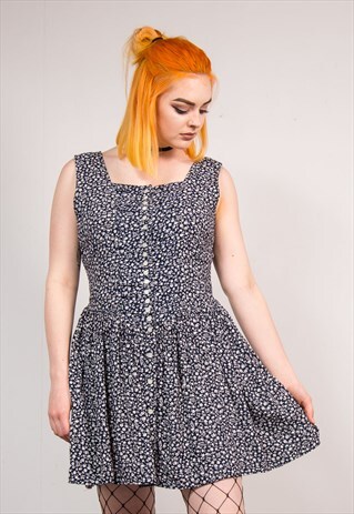 90'S VINTAGE NAVY BLUE FLORAL PATTERN GRUNGE MINI DRESS